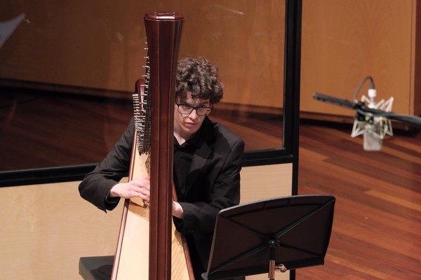 Journeys - Music of Michael Dooley. Alex Monro on harp, 2023. Photo by Peter Hislop.