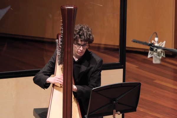 Journeys - Music of Michael Dooley. Alex Monro on harp, 2023. Photo by Peter Hislop.