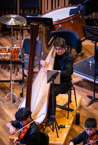 Alex Monro playing harp in Australian Youth Orchestra's (AYO) Young Symphonists - Pure Energy, 2024