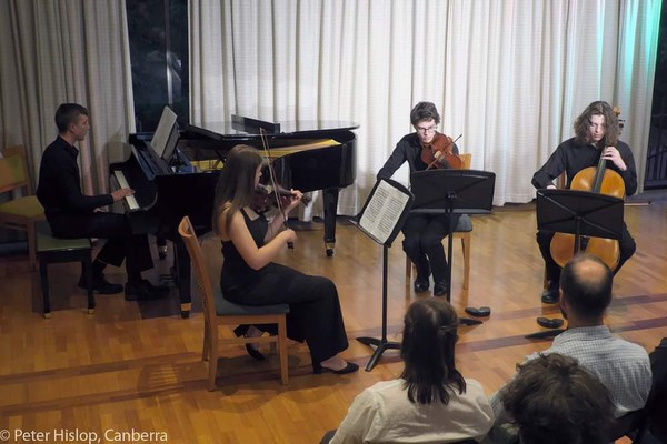 ANU Community Centre Young Performers Concert at Hungarian Embassy.  Mia Buchanan (violin), Alexander Monro (viola), Benjamin Monro (cello) and Alexey Shcherbakov (piano), 2024. Photo by Peter Hislop