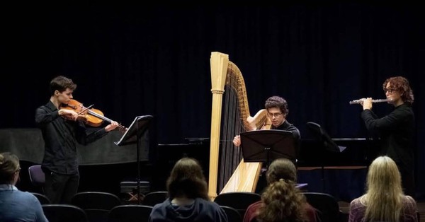 Alex Monro playing in the ANU Debussy Trio, ANU Chamber Music Concert Semester 1, 2025. Photo by Peter Hislop.