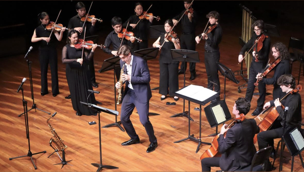 Alex Monro playing viola in the Australian Youth Orchestra's Momentum Ensemble 'Beautiful Equations' in March 2026, photo by Geraldine Cardozo